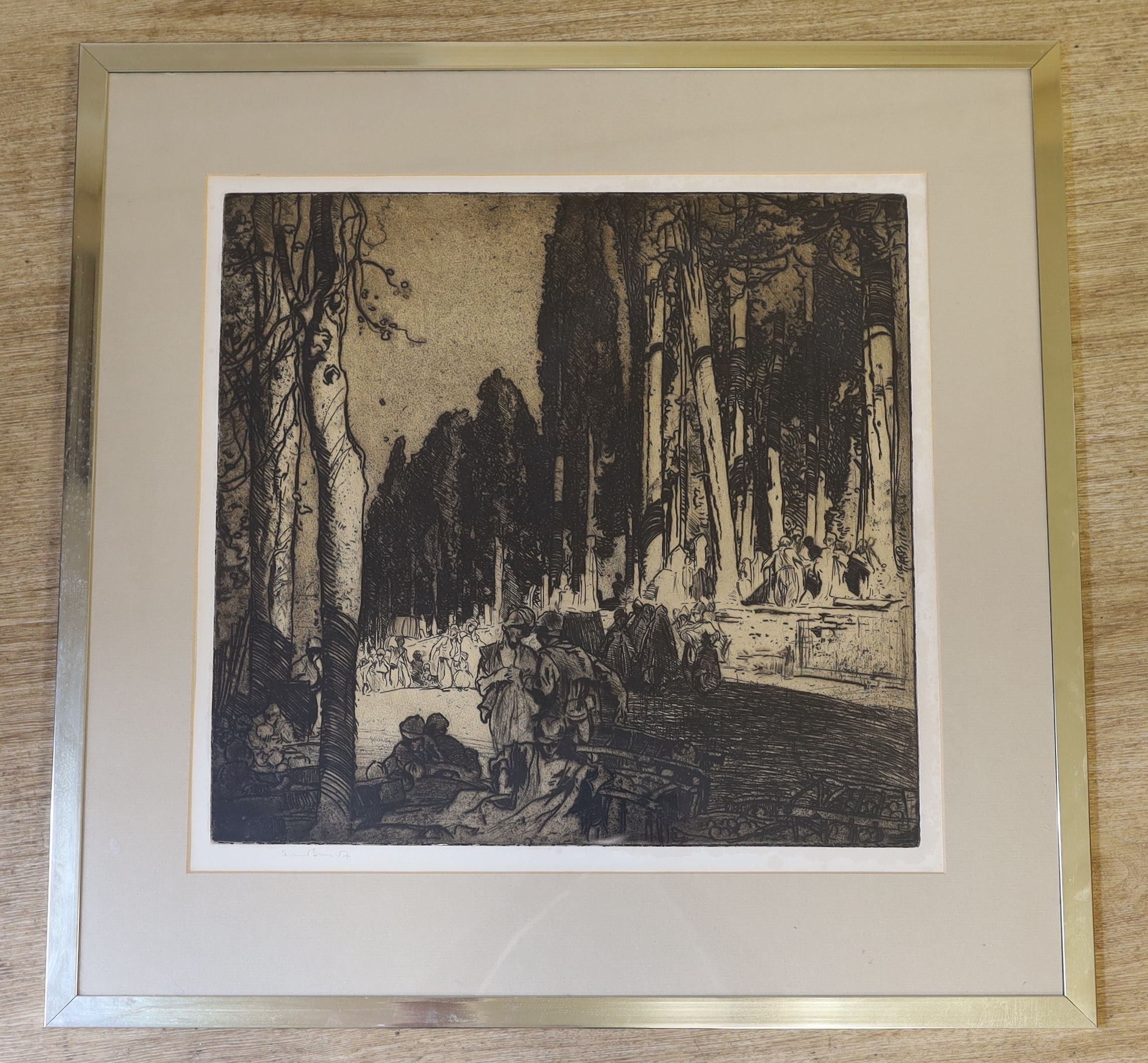 Frank Brangwyn (1867-1956), etching, Figures on a tree lined road, signed in pencil, 45 x 48cm